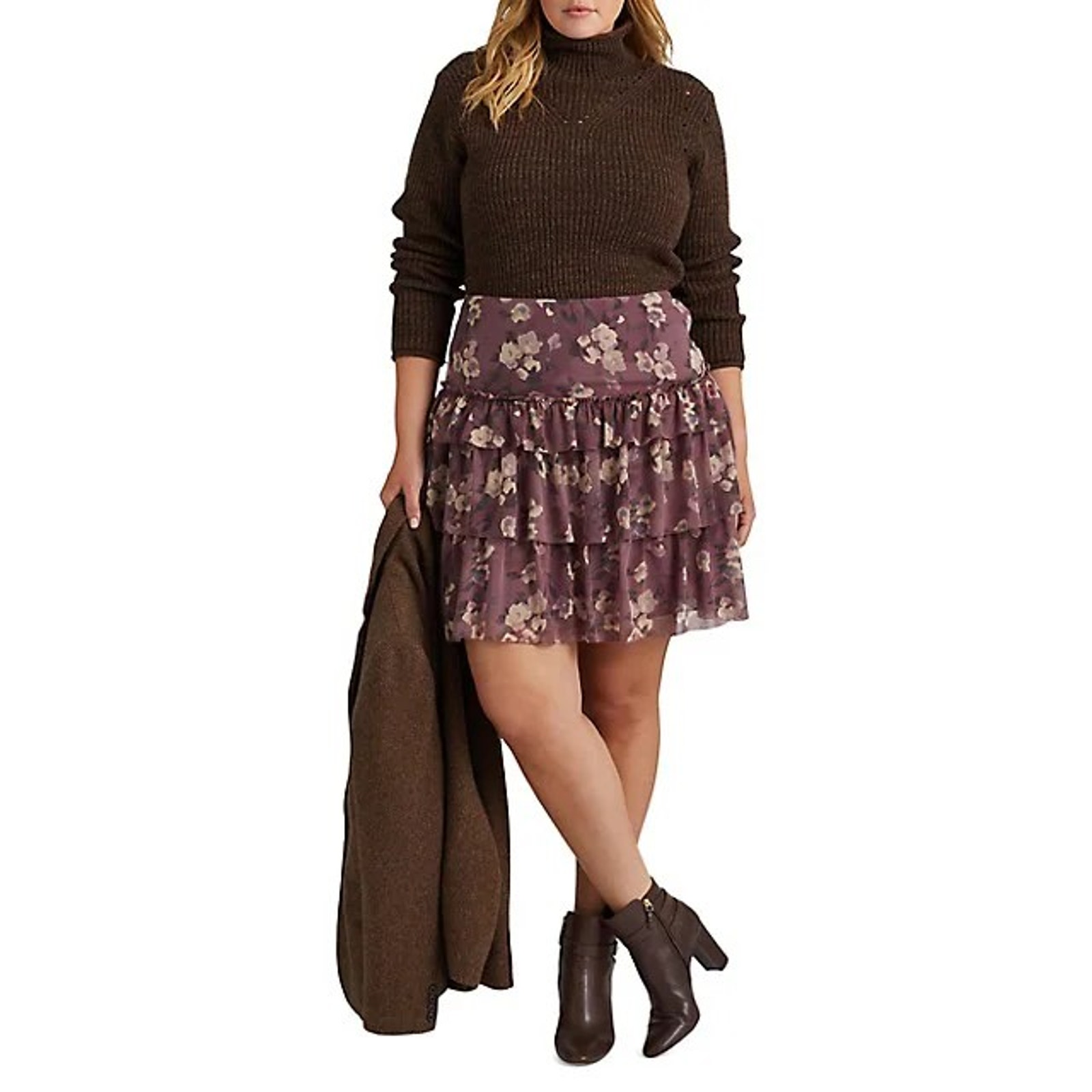 Ralph Lauren Women Purple Georgette Boho Ruffle Tiered A-Line Skirt Plus Size 18